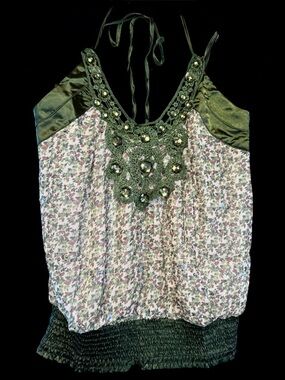 Miss Kelly 1999 Green Floral Crochet Jeweled Green Camisole Satin Tank Top